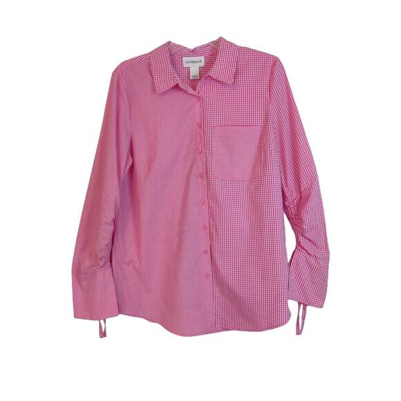 Plaid Asymmetrical Long Sleeve Button Down Shirt Blouse Pink Size L - Picture 6 of 11